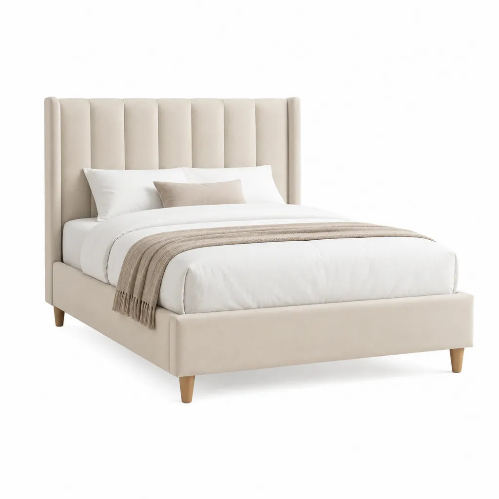 Lit adulte 160 x 200 cm avec cadre capitonne en polyester beige et tete de lit haute