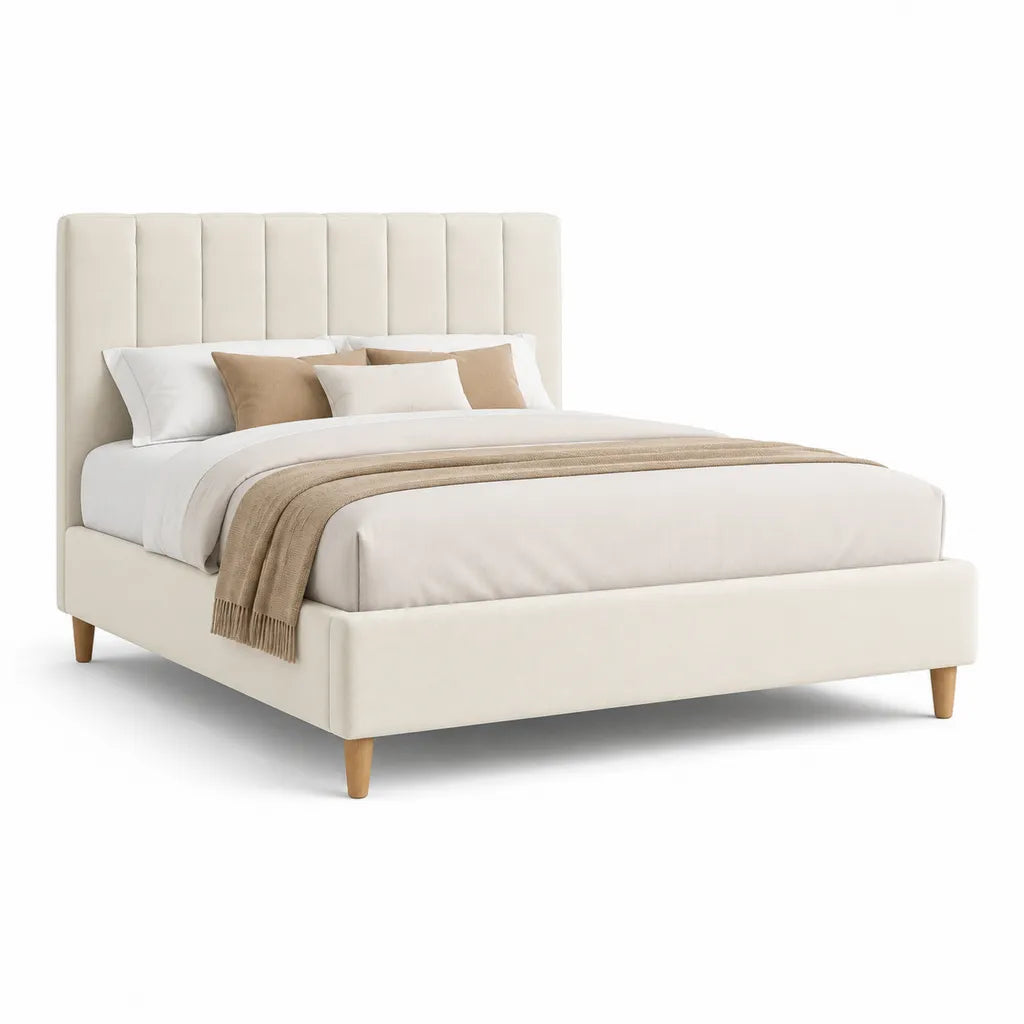 Cadre de lit double 160 x 200 cm capitonne en polyester creme avec tete de lit haute et pieds en bois massif