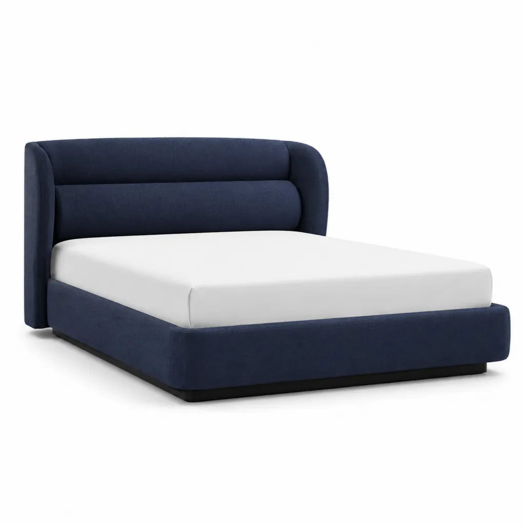 Lit adulte capitonne avec cadre rembourre en velours polyester bleu nuit 160 x 200 cm