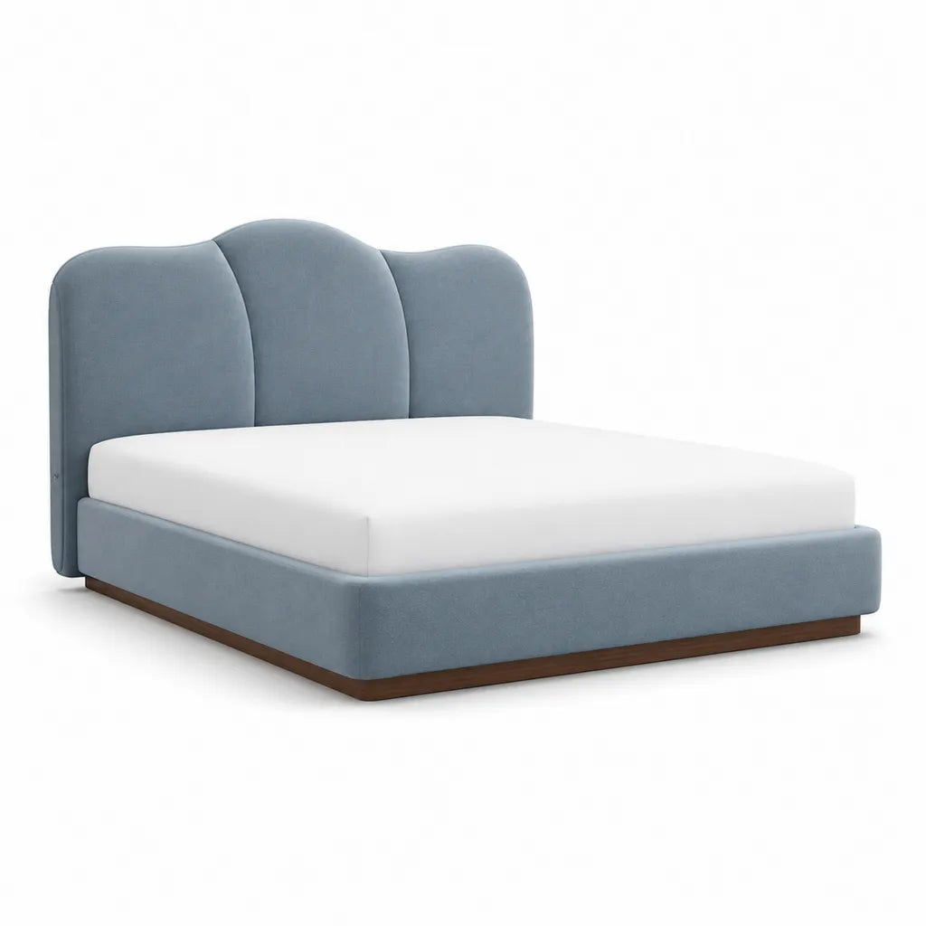 Cadre de lit double capitonne 160 x 200 cm en polyester bleu gris avec tete de lit arrondie