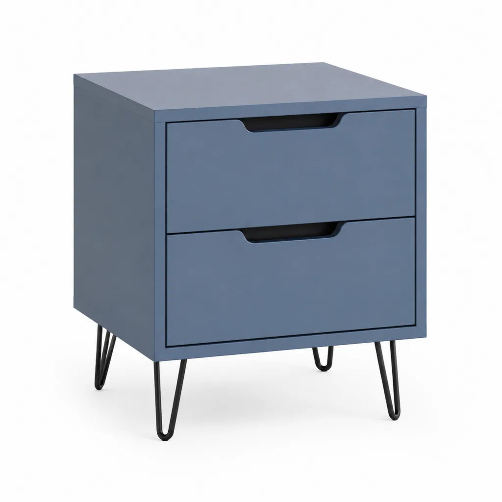 Table de chevet a 2 tiroirs en panneaux MDF bleu avec pieds en acier 40 x 40 x 55 cm
