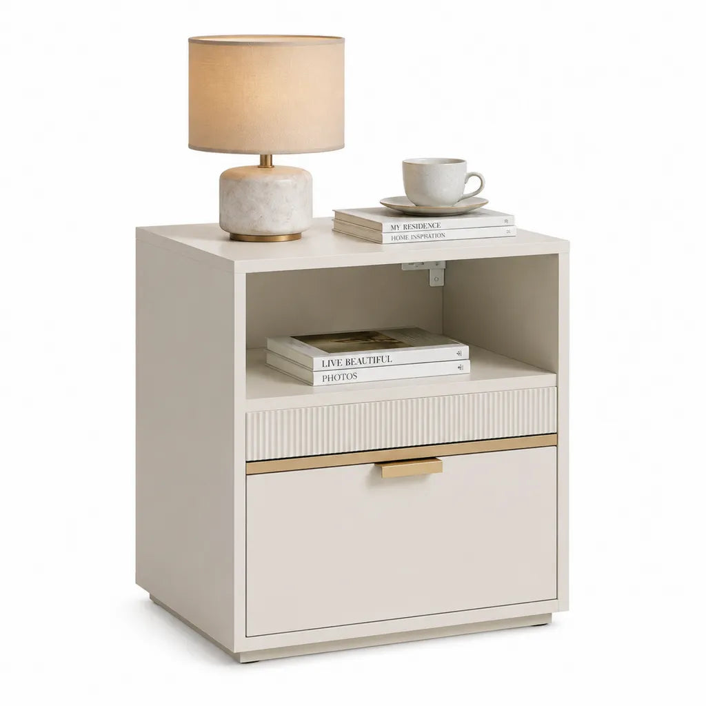 Table de chevet avec tiroir en MDF rectangulaire blanc et dore 45 x 40 x 60 cm