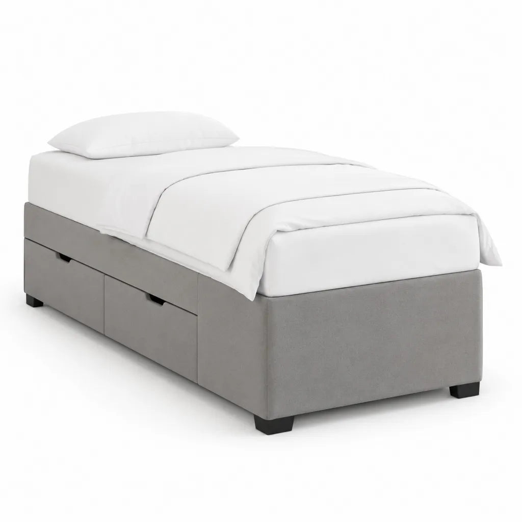 Lit simple avec rangement 90 x 190 cm revetement polyester gris rectangulaire avec 3 tiroirs
