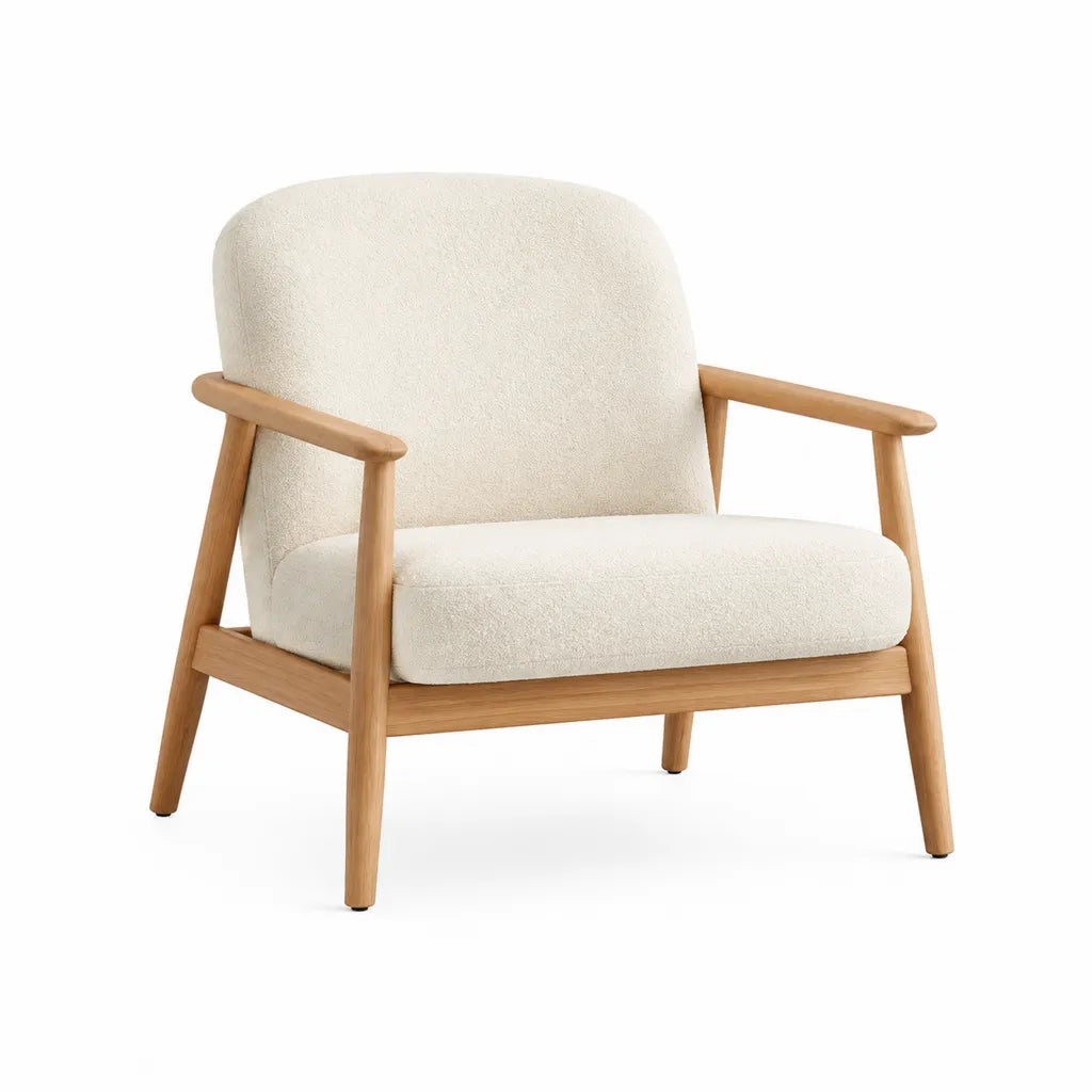 Fauteuil de salon avec accoudoirs 76 x 78 x 80 cm en polyester boucle et hevea massif forme arrondie ecru naturel