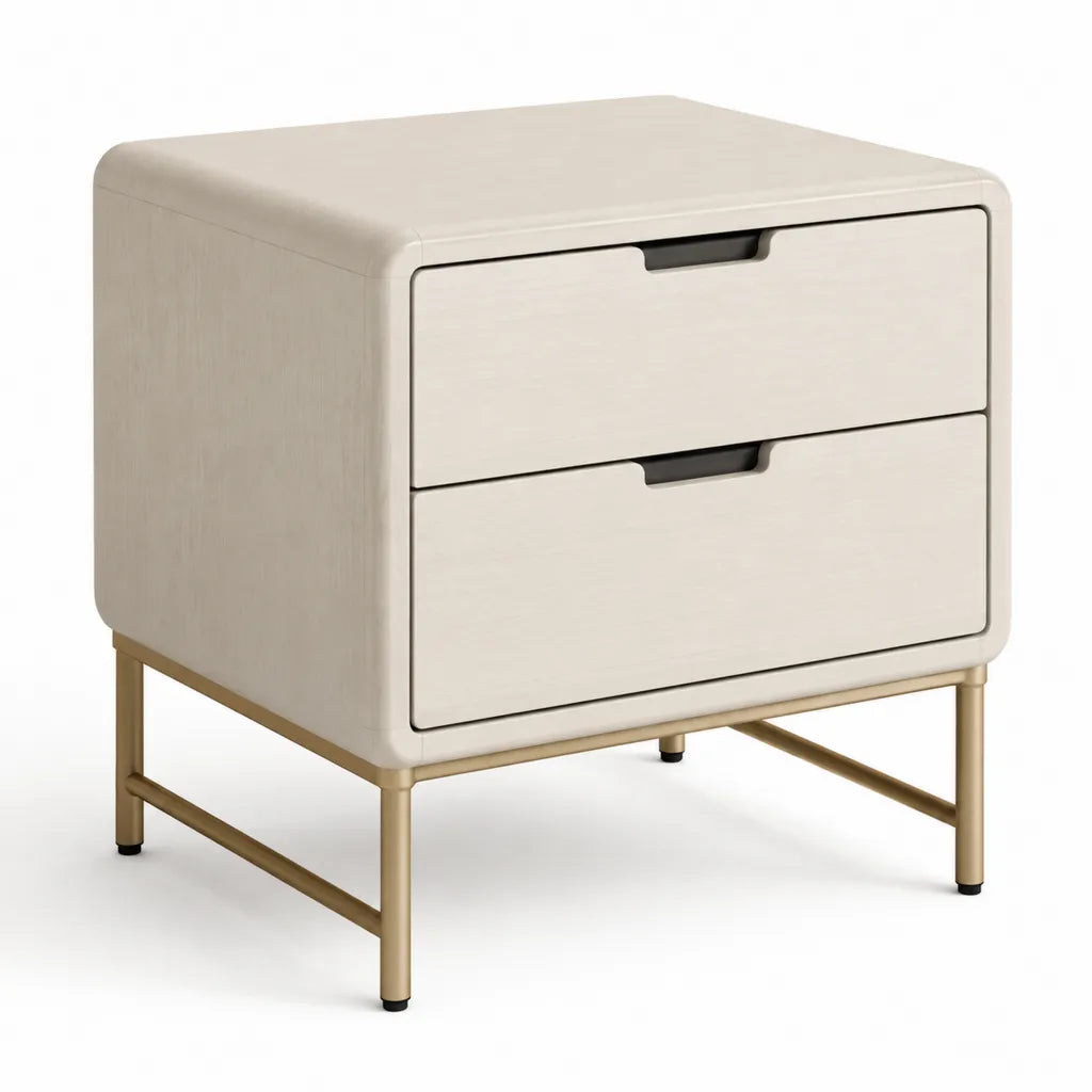 Table de chevet 2 tiroirs en panneaux MDF beige creme 50 x 40 x 55 cm avec pietement en acier dore