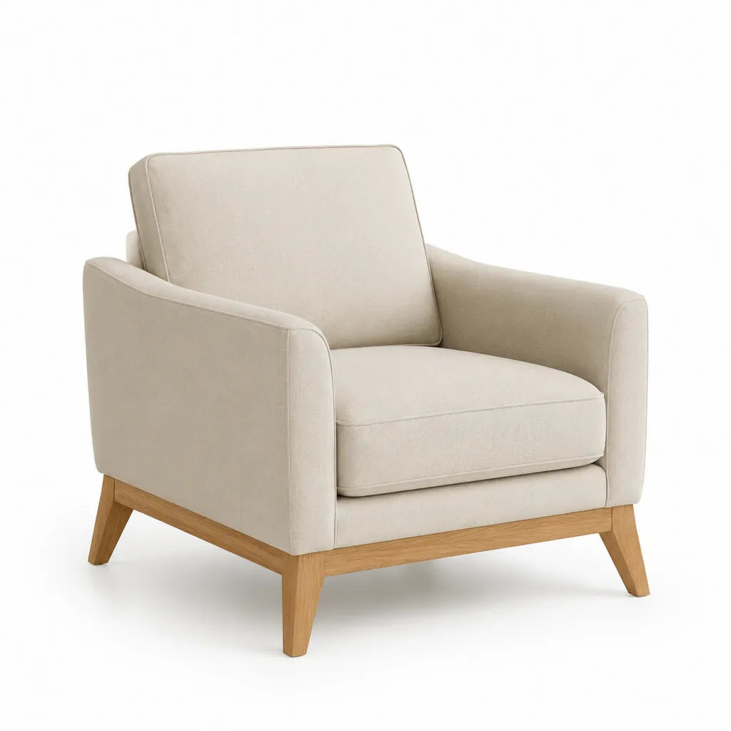 Fauteuil 1 place a accoudoirs en polyester beige avec pieds en chene massif forme droite 82 x 83 x 86 cm