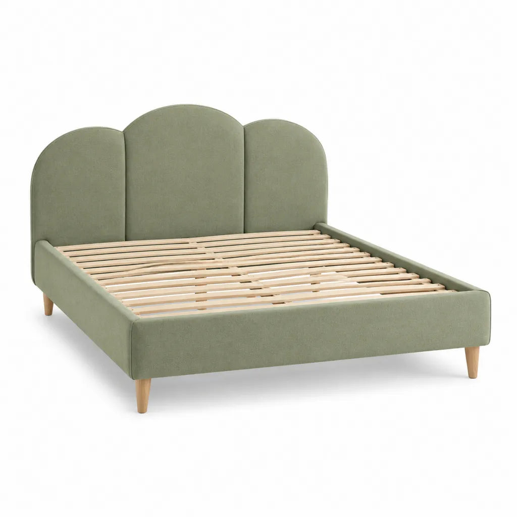Lit double 140 x 190 cm avec sommier a lattes tete de lit capitonnee arrondie en polyester vert sauge