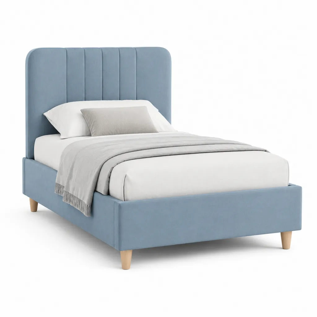 Lit double capitonne 140 x 190 cm en polyester bleu avec tete de lit arrondie