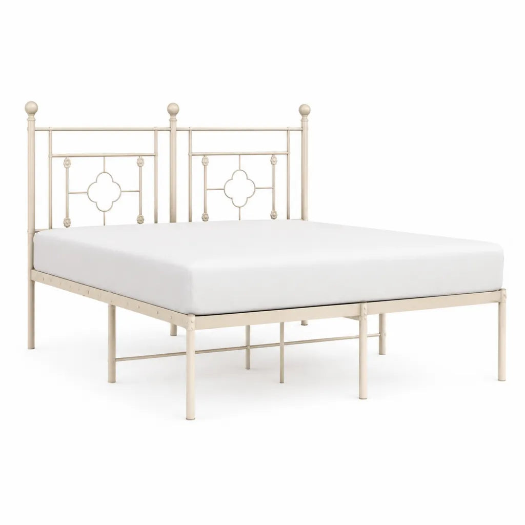 Cadre de lit double en acier 160 x 200 cm avec tete et pied de lit creme