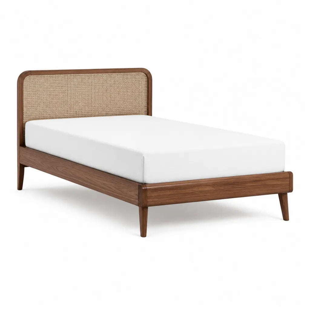 Lit double 160 x 200 cm en bois massif de noyer avec tete de lit arrondie en rotin naturel marron
