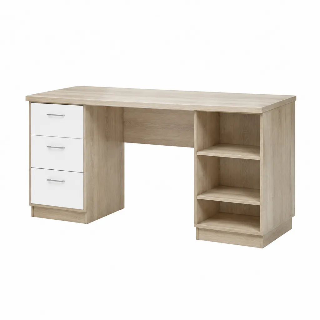 Bureau droit avec 3 tiroirs et etageres en panneaux de particules rectangulaire chene clair et blanc 120 x 60 x 75 cm
