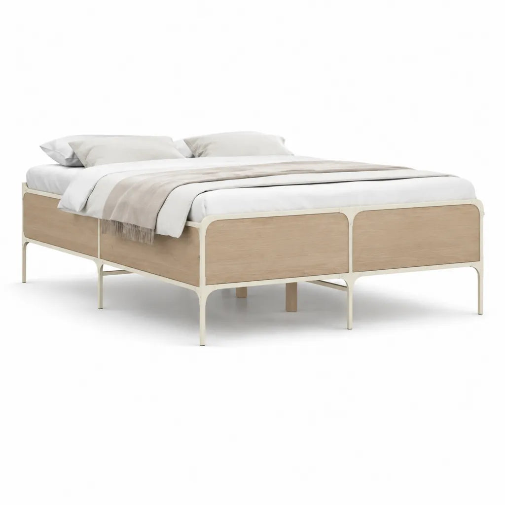 Cadre de lit double 160 x 200 cm en acier et panneaux MDF decor chene clair blanc casse