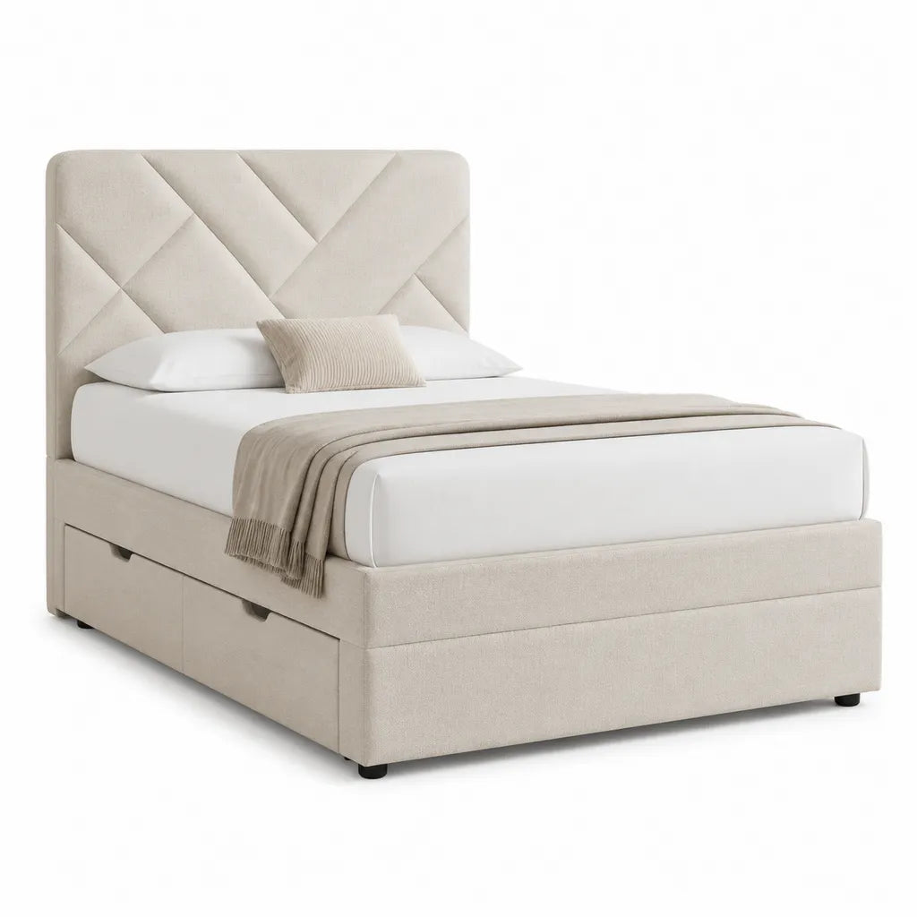Lit coffre 160 x 200 cm avec tete de lit capitonnee en polyester beige