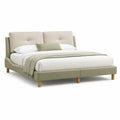 Lit double avec cadre rembourre 160 x 200 cm en polyester vert sauge avec tete de lit capitonnee et pieds en hevea massif