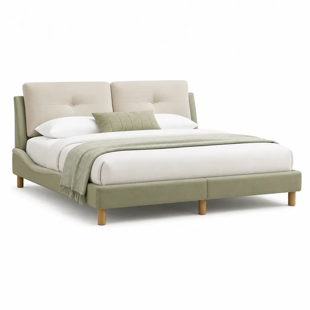 Lit double avec cadre rembourre 160 x 200 cm en polyester vert sauge avec tete de lit capitonnee et pieds en hevea massif