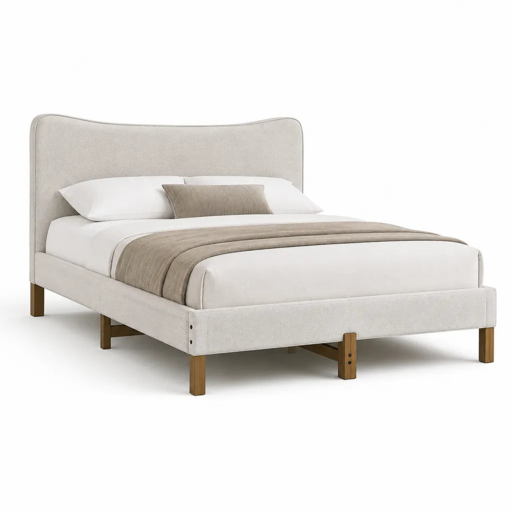 Cadre de lit 160 x 200 cm capitonne en polyester beige avec tete de lit incurvee et pieds en bois massif