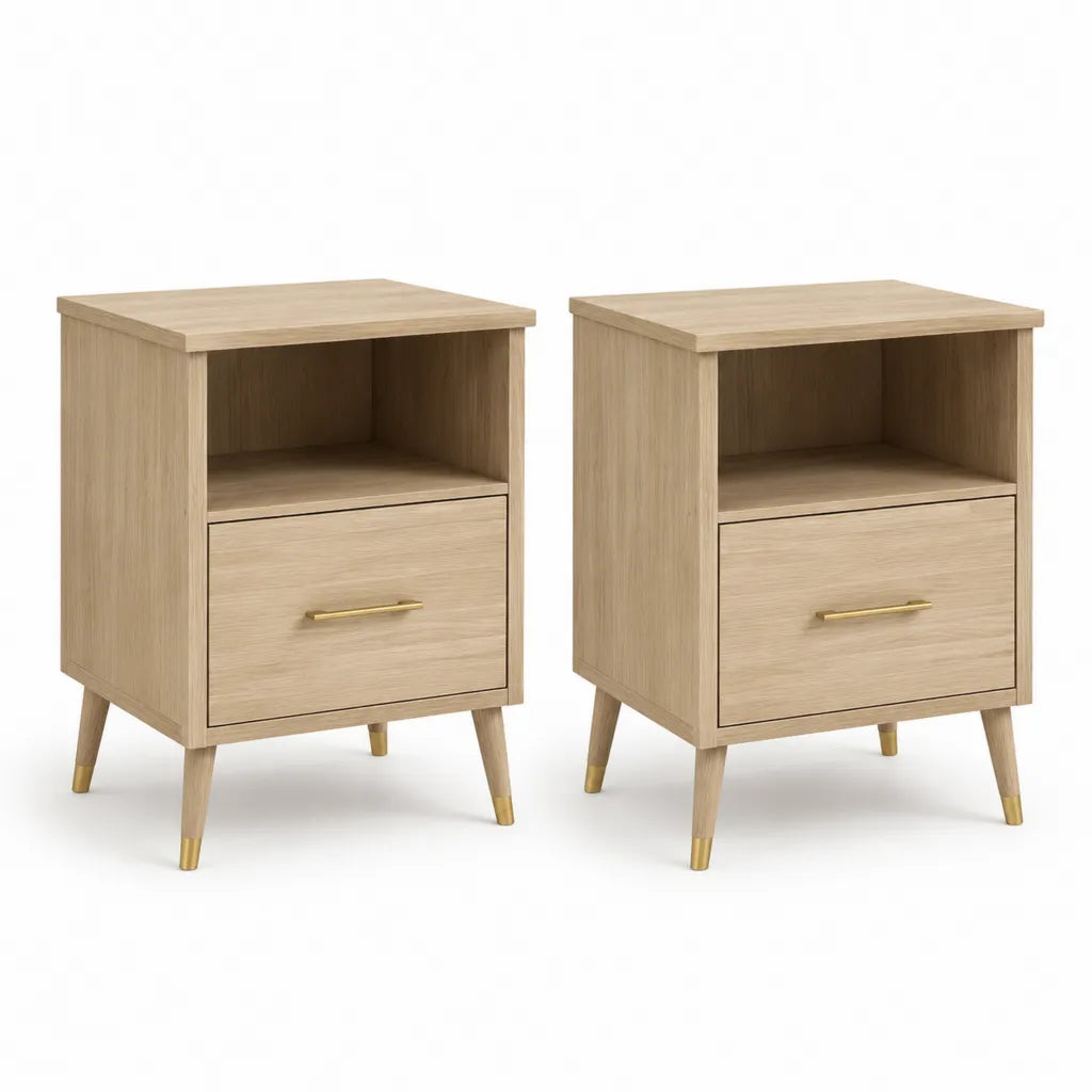 Lot de 2 tables de chevet rectangulaires 40 x 35 x 60 cm en panneaux de particules chene clair avec tiroir et niche