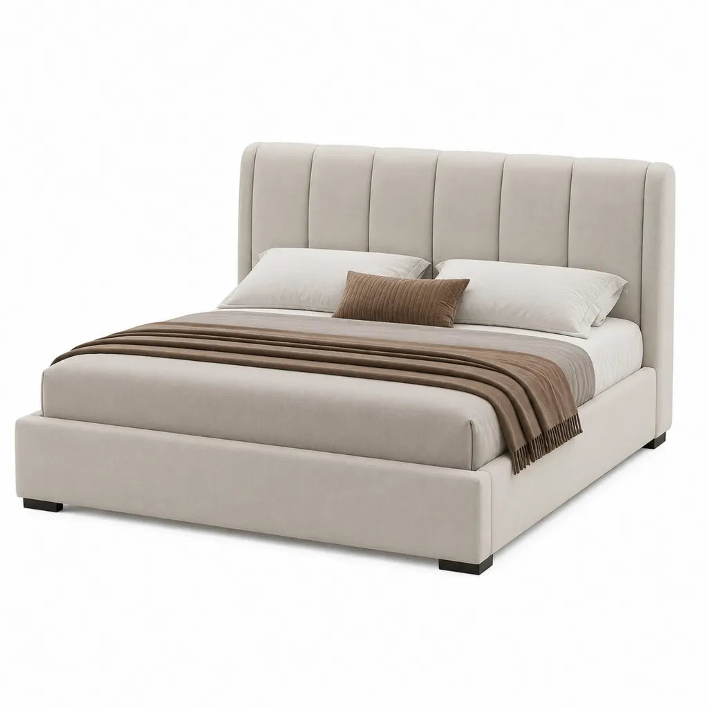 Lit double capitonne avec cadre 160 x 200 cm en polyester beige
