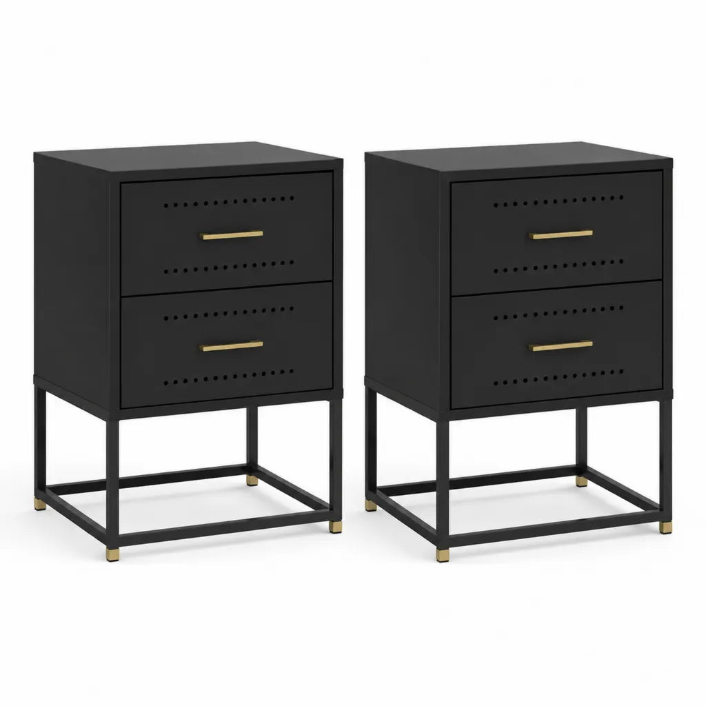 Lot de 2 tables de chevet a 2 tiroirs en acier noir et dore 40 x 35 x 60 cm