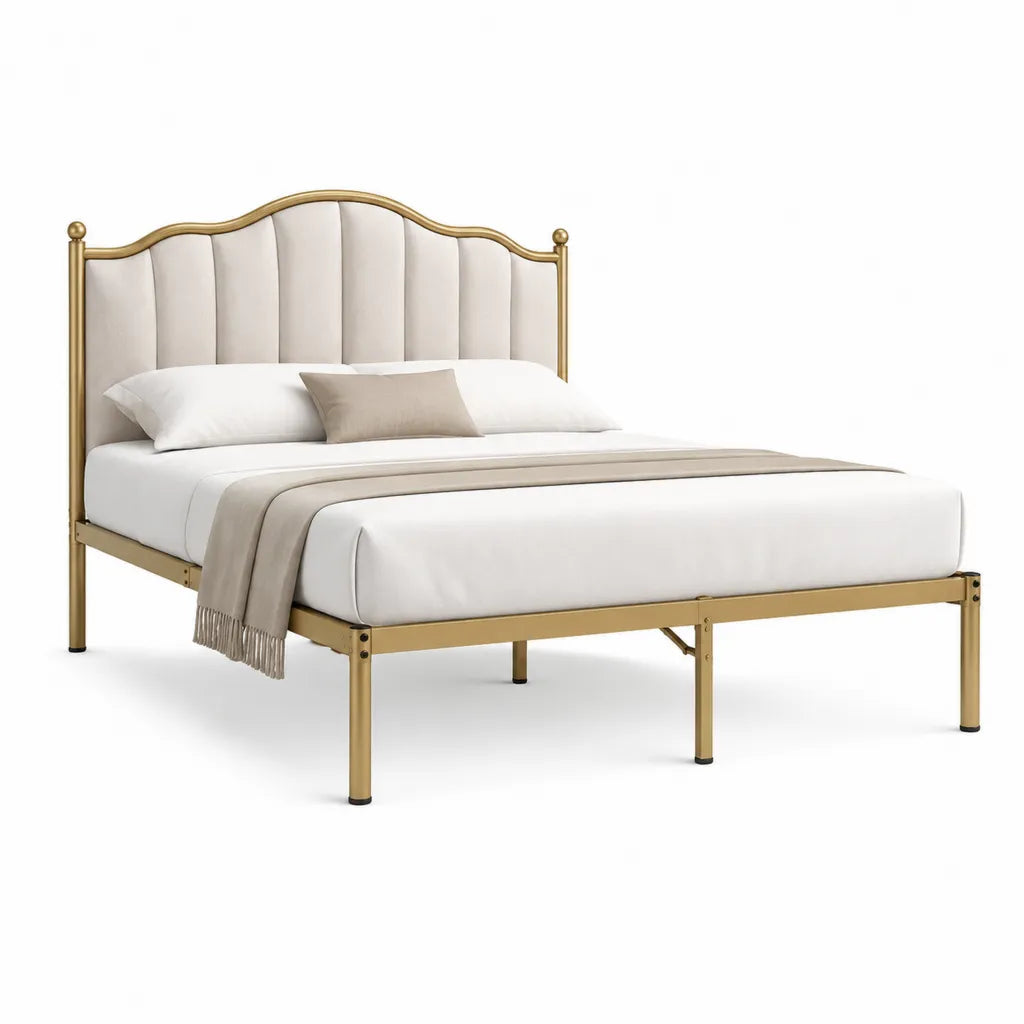 Cadre de lit 160 x 200 cm en acier avec tete de lit capitonnee en polyester beige et dore
