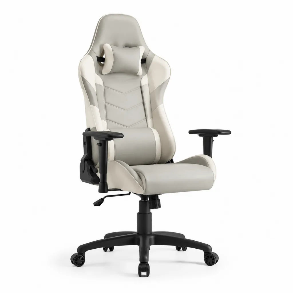 Chaise gaming ergonomique reglable en cuir synthetique PU blanc et gris 66 x 66 x 123-133 cm