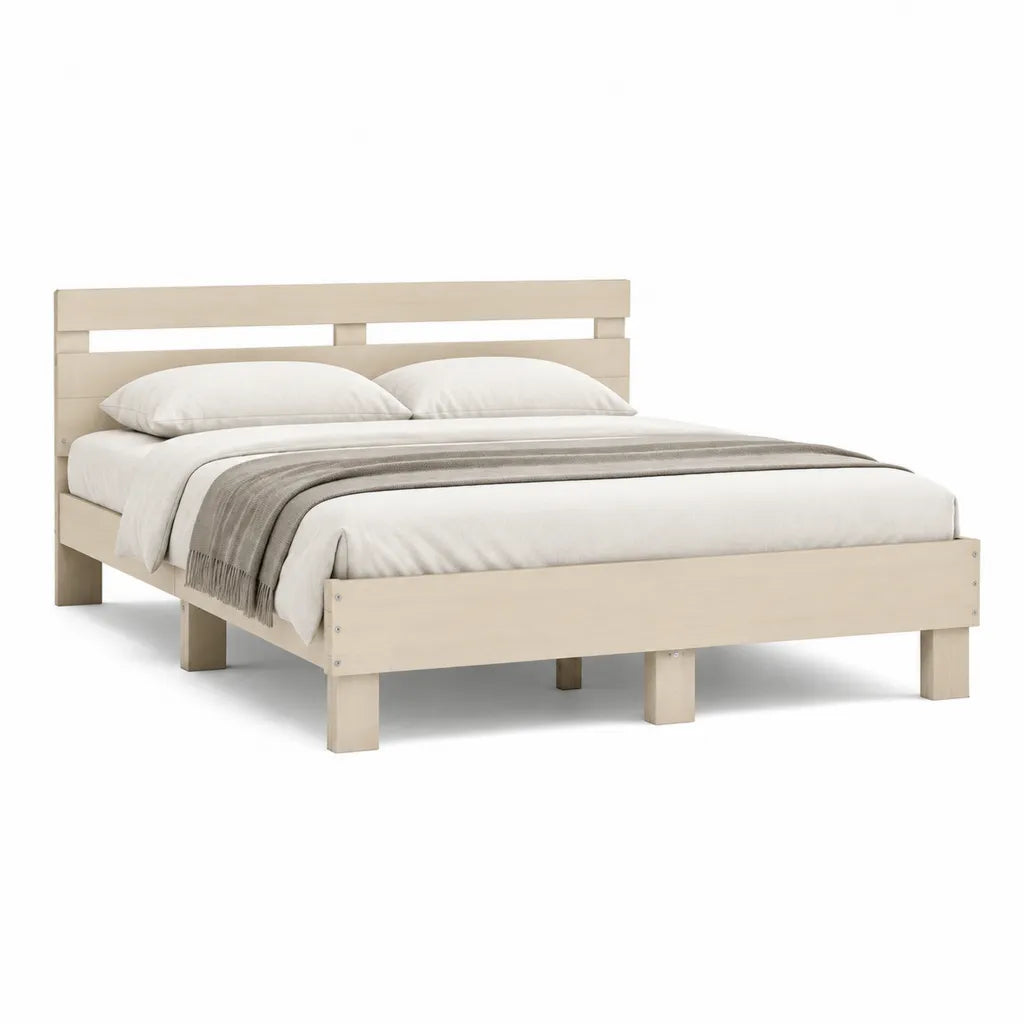 Cadre de lit double en pin massif beige 160 x 200 cm avec tete de lit a lattes