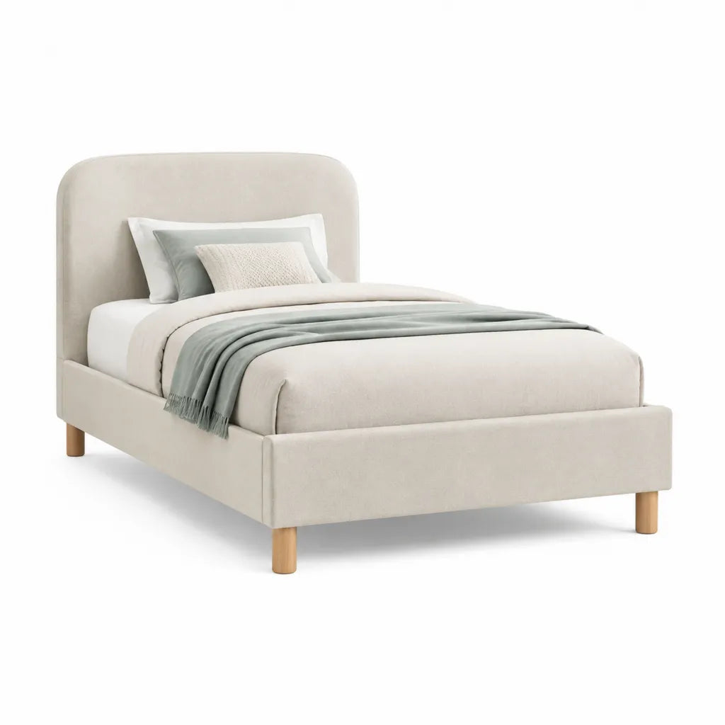 Lit double capitonne 160 x 200 cm en polyester beige avec tete de lit arrondie