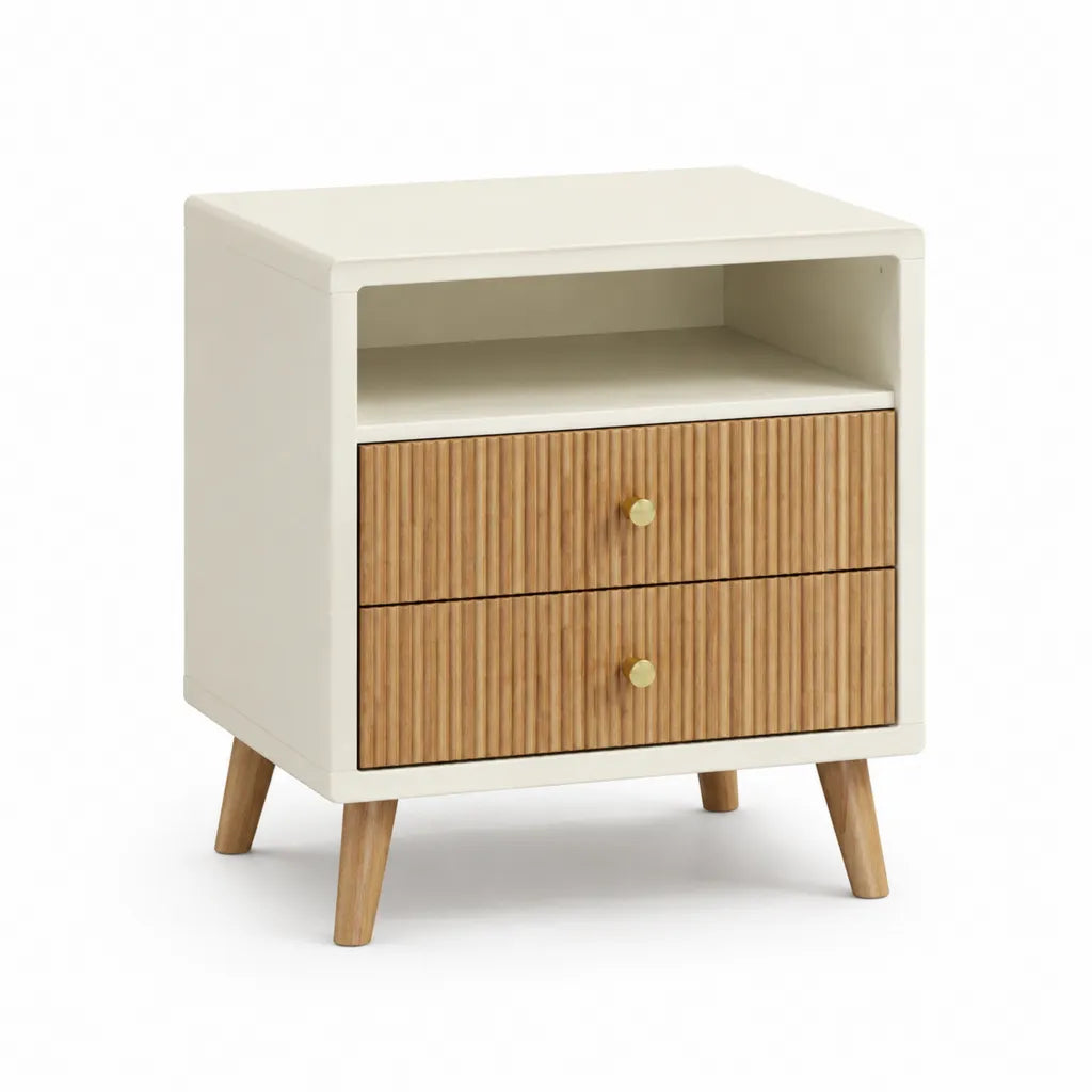 Table de chevet 2 tiroirs avec niche rectangulaire en MDF blanc et bambou naturel 40 x 35 x 60 cm