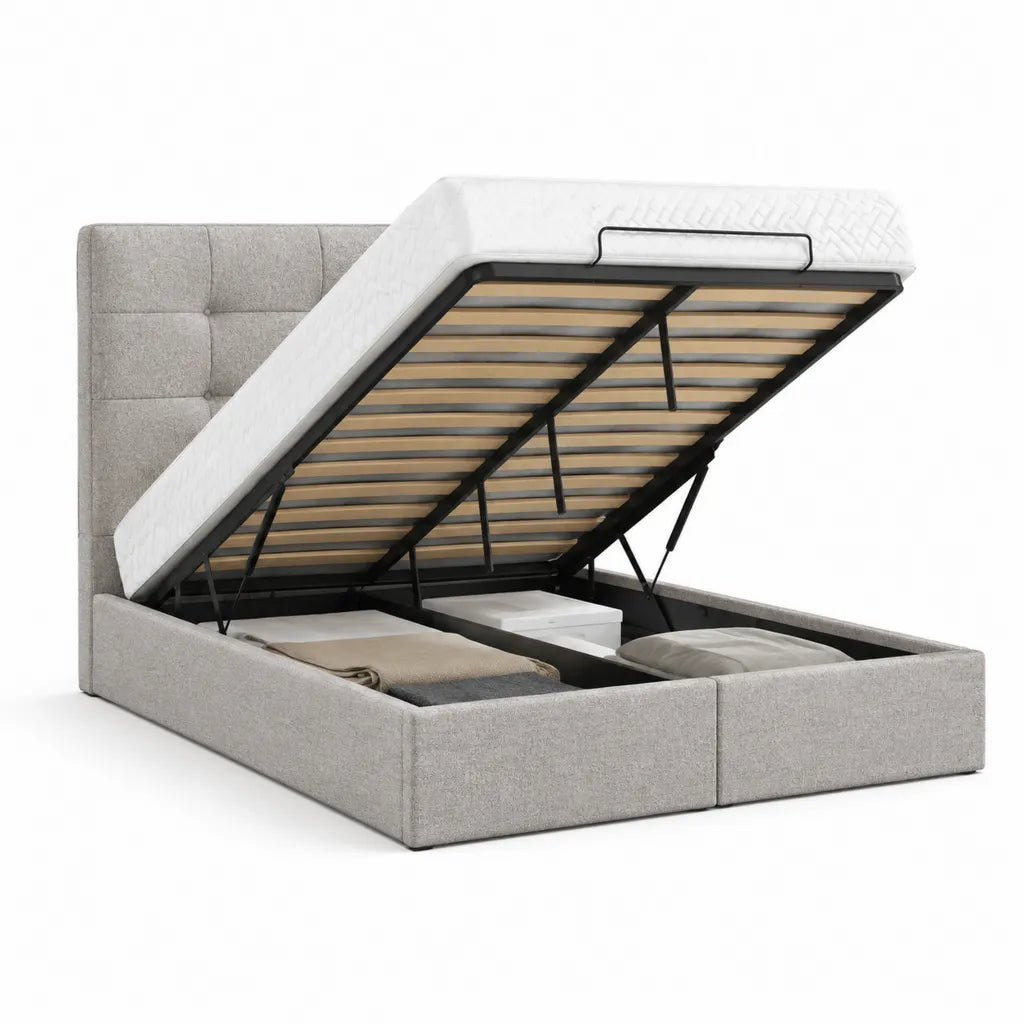 Lit coffre 160 x 200 cm avec sommier a lattes relevable en polyester gris