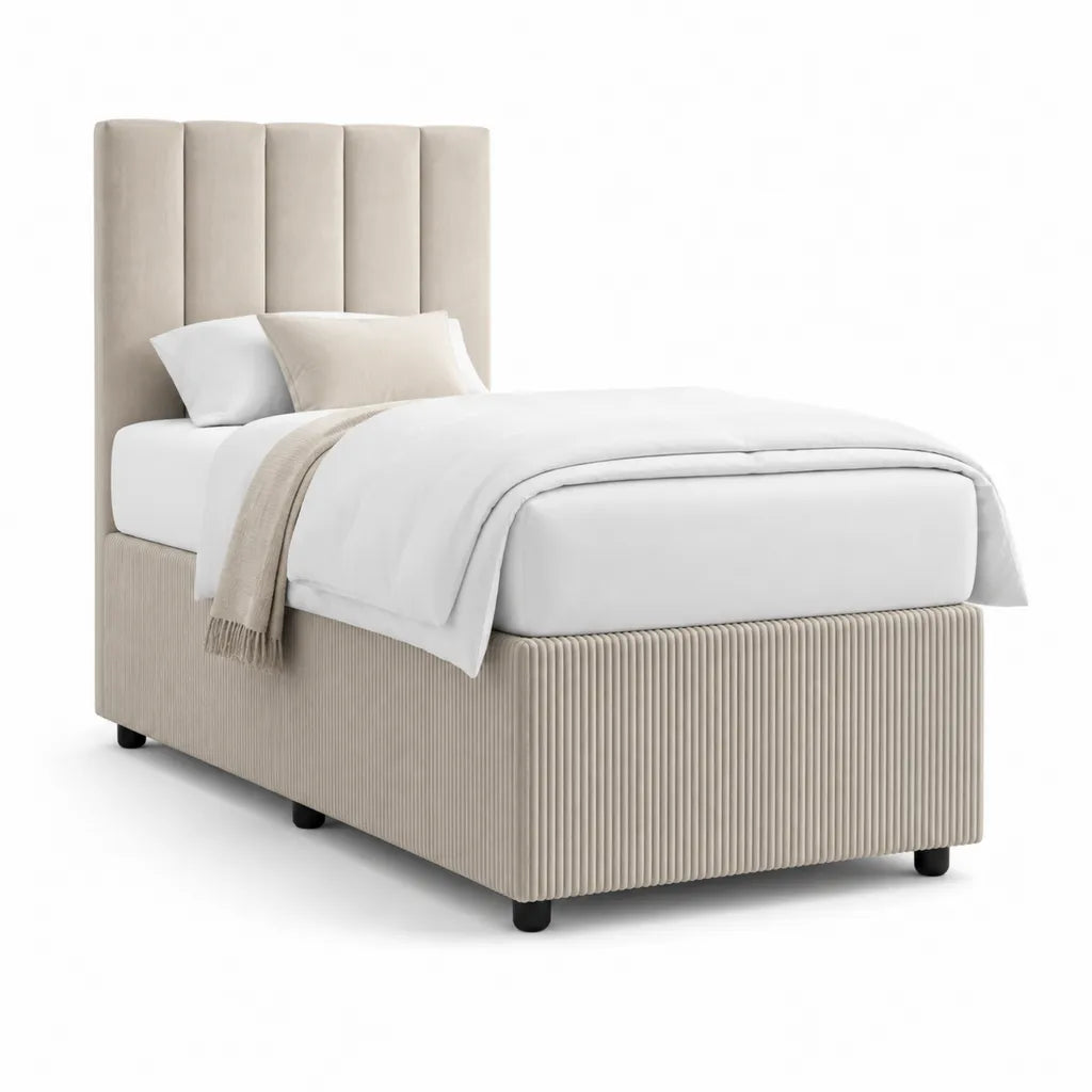 Lit simple capitonne avec cadre de lit 90 x 190 cm en polyester beige avec tete de lit haute