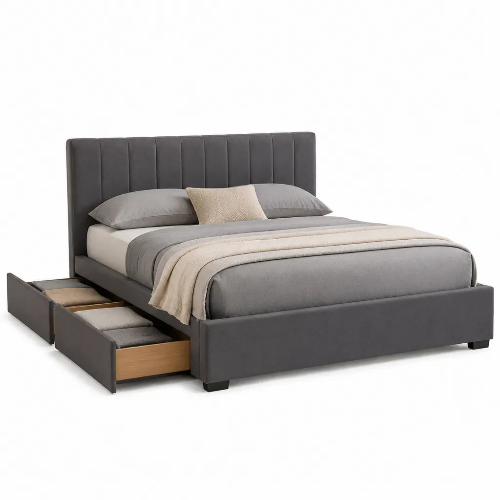 Lit coffre 160 x 200 cm avec 2 tiroirs lateraux tete de lit rembourree en polyester gris fonce