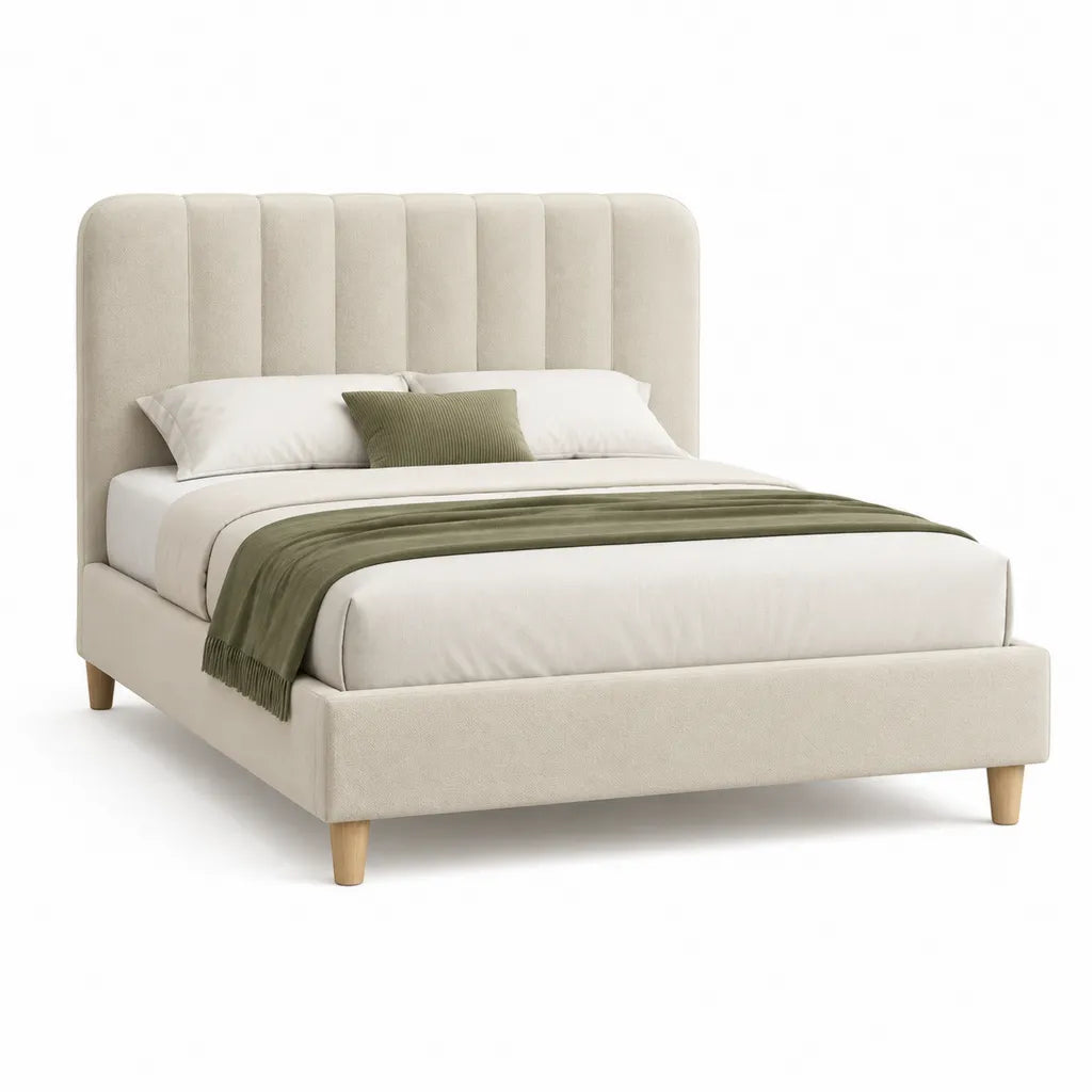 Lit double 160 x 200 cm avec cadre rembourre en polyester beige et tete de lit capitonnee