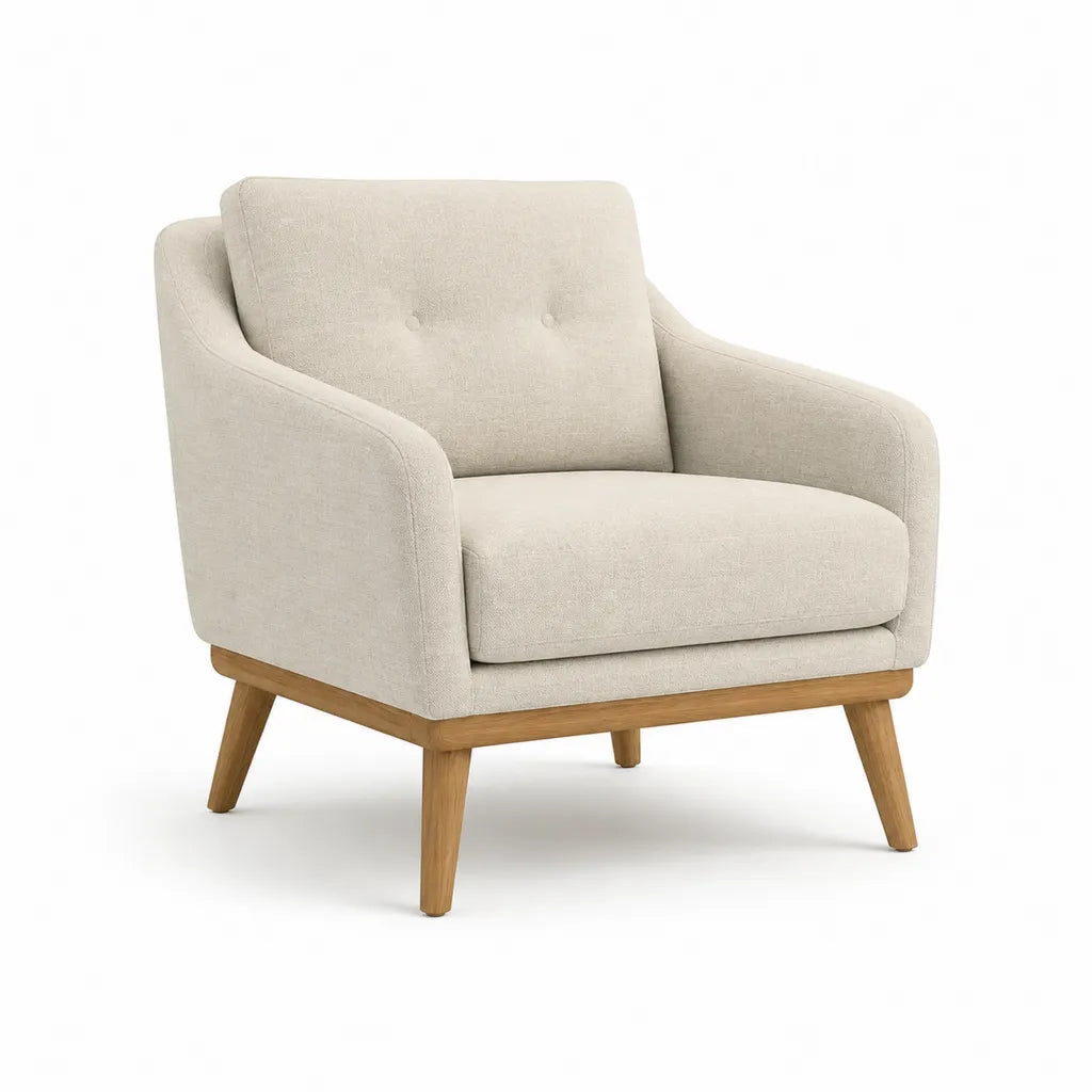 Fauteuil de salon rembourre en polyester beige avec pieds en bois massif 76 x 78 x 84 cm