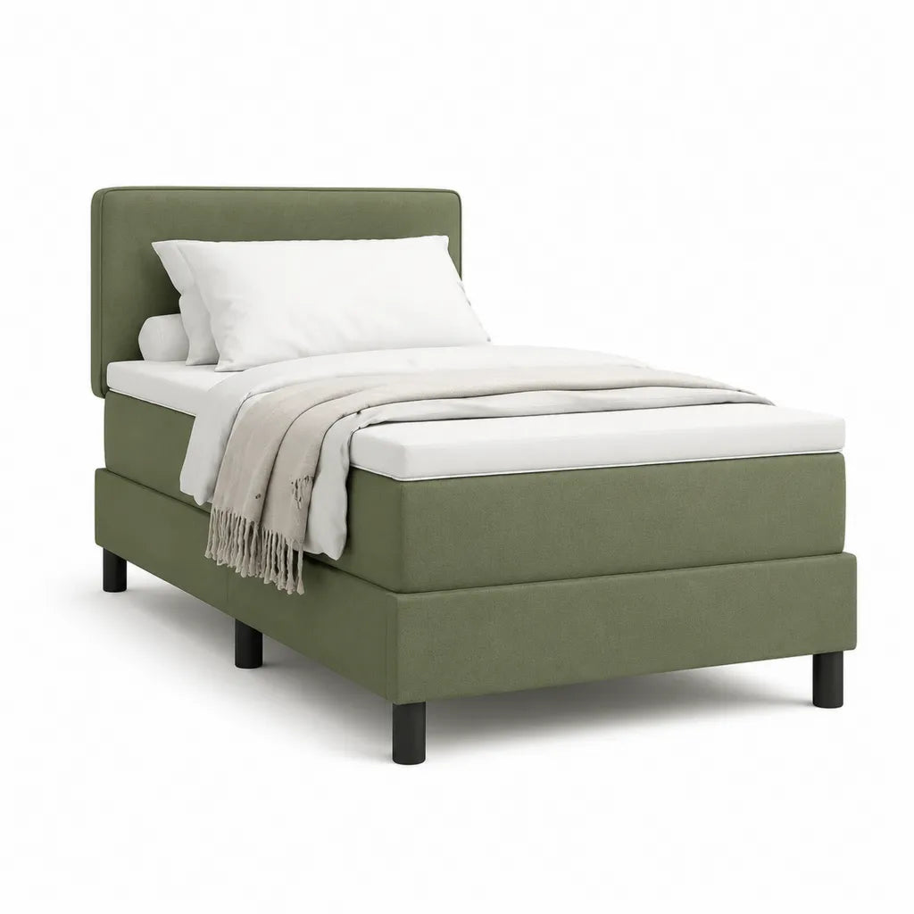 Lit simple capitonne 90 x 190 cm en polyester vert olive avec tete de lit rectangulaire