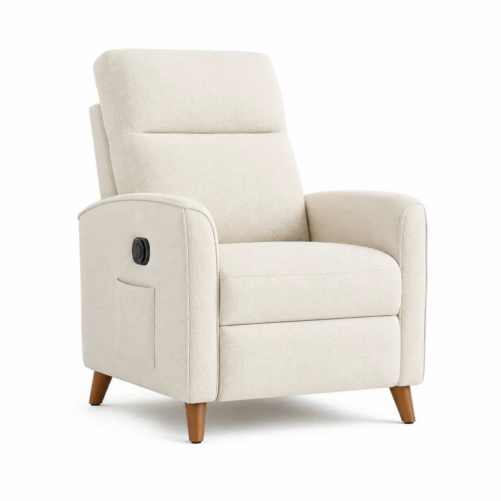Fauteuil relax inclinable manuel a dossier haut en polyester bouclette ecru 84 x 90 x 104 cm