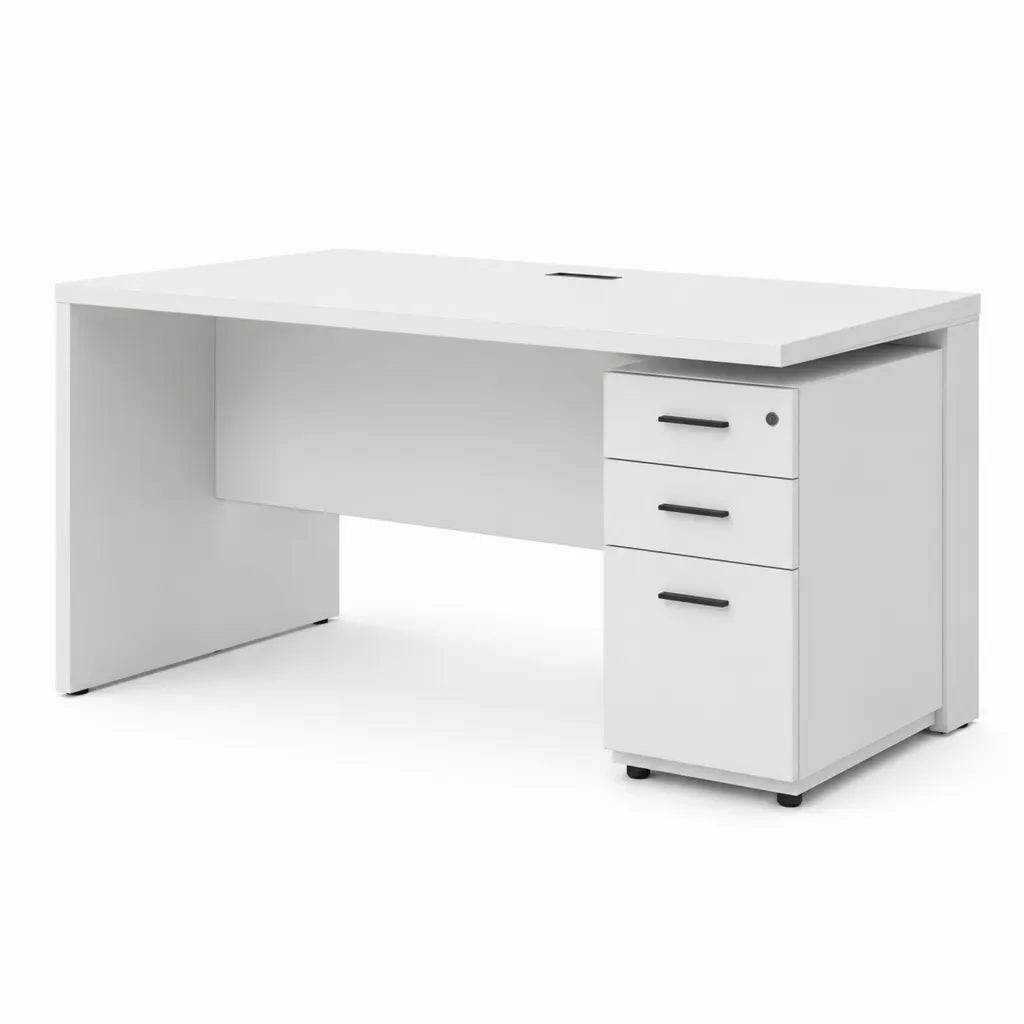 Bureau droit avec caisson 3 tiroirs en panneau de particules melamine blanc 120 x 60 x 75 cm