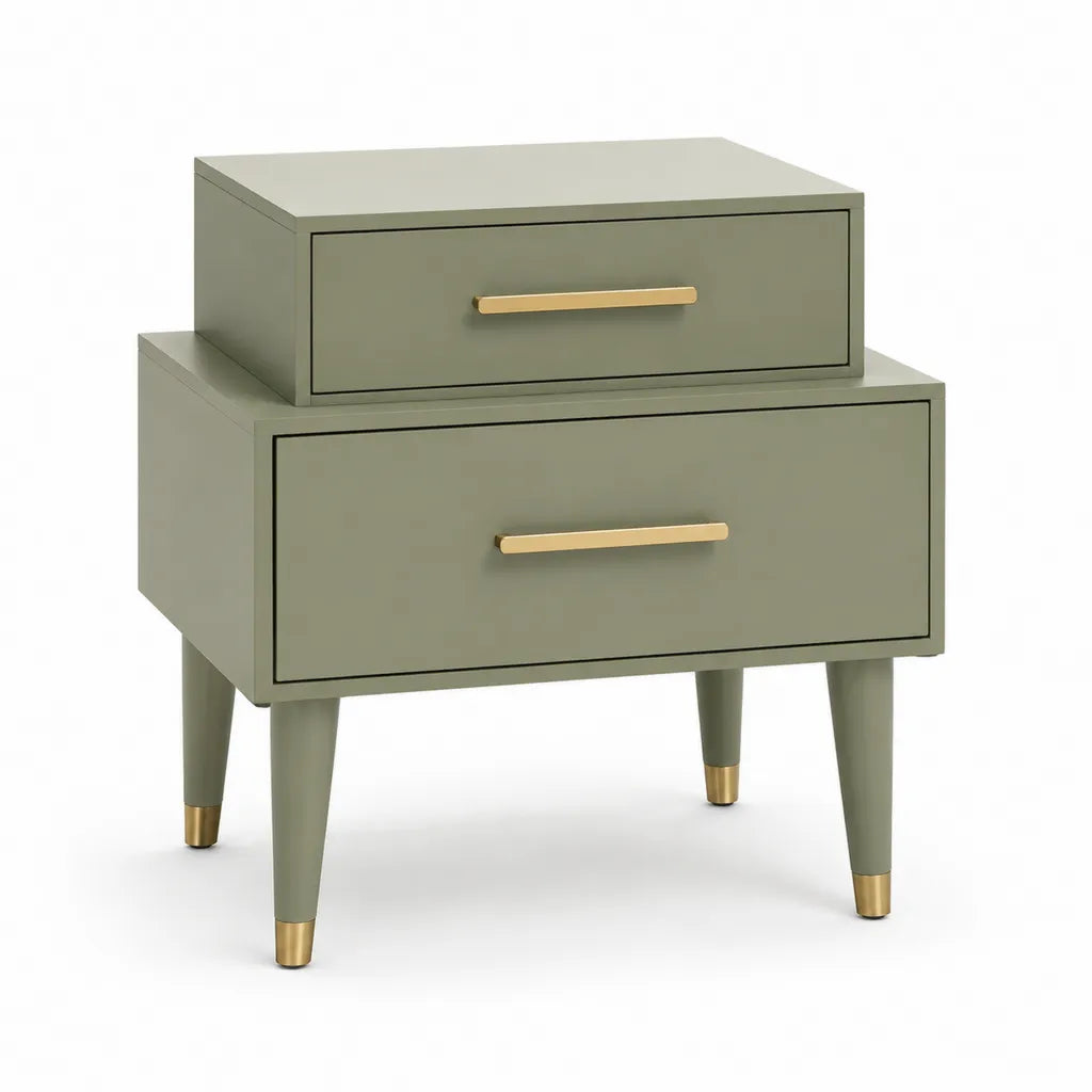 Table de chevet 2 tiroirs rectangulaire en panneaux MDF vert olive et dore 50 x 40 x 60 cm