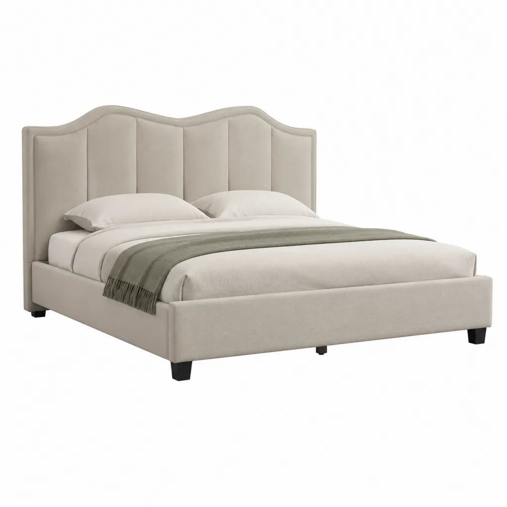 Lit double avec cadre de lit 160 x 200 cm en polyester beige tete de lit capitonnee incurvee