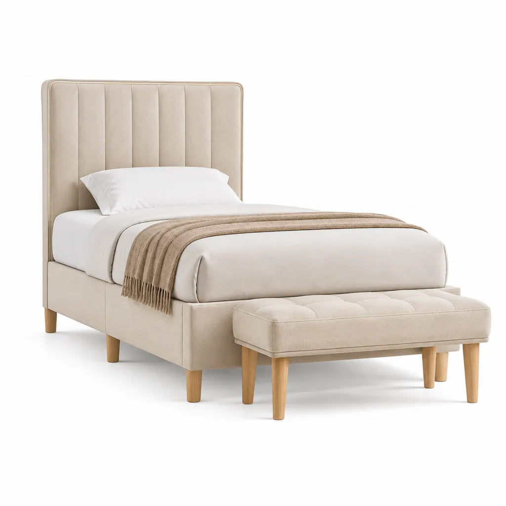 Lit double 160 x 200 cm avec tete de lit capitonnee en polyester beige et banc assorti