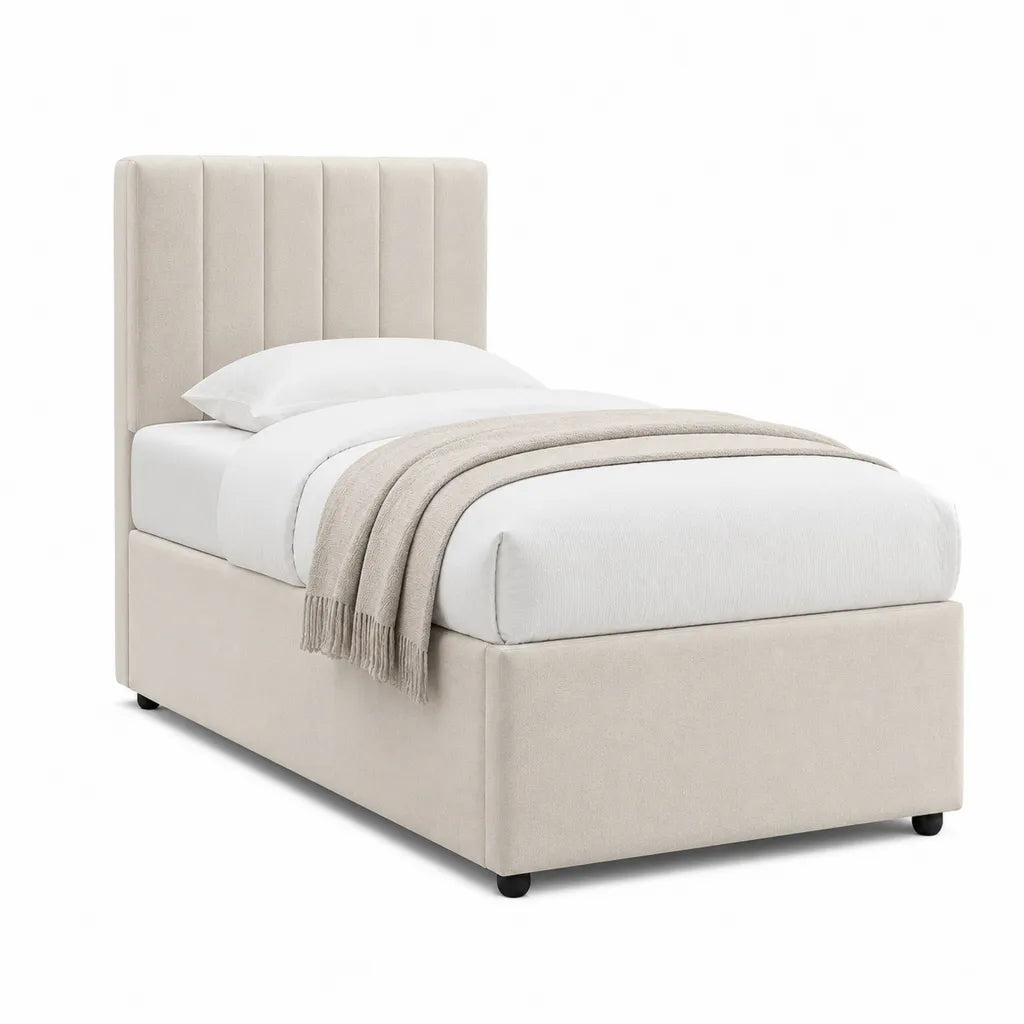 Lit simple capitonne 90 x 190 cm en polyester beige avec tete de lit verticale