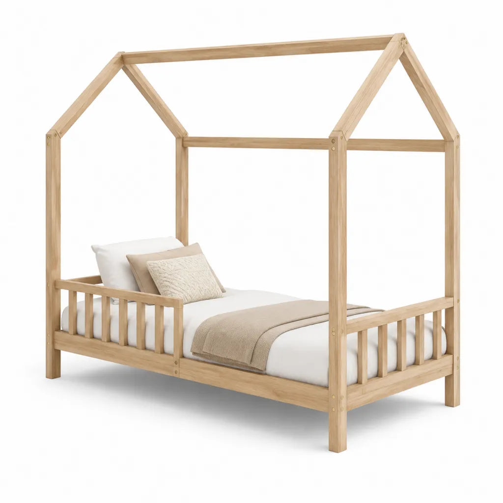 Lit enfant cabane en pin massif naturel 90 x 200 cm avec barrieres de securite