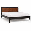 Cadre de lit double 160 x 200 cm en bois d'hevea massif noir avec tete de lit tressee marron