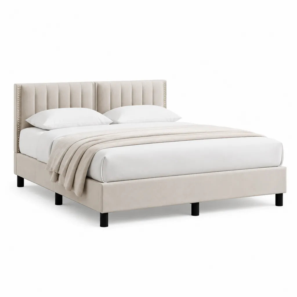 Lit double 160 x 200 cm avec cadre capitonne en polyester beige et tete de lit rectangulaire