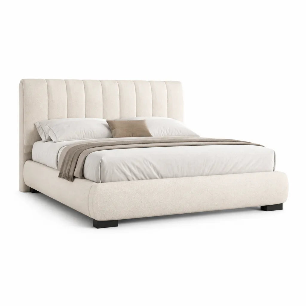 Lit double 160 x 200 cm cadre rembourre en polyester beige avec tete de lit capitonnee