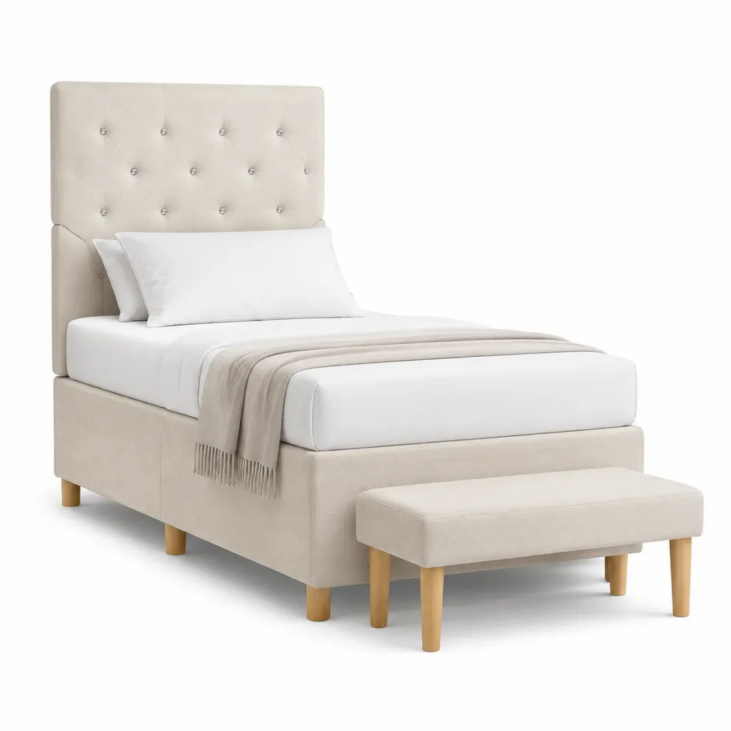 Lit simple capitonne avec cadre en polyester beige et banc assorti 90 x 190 cm