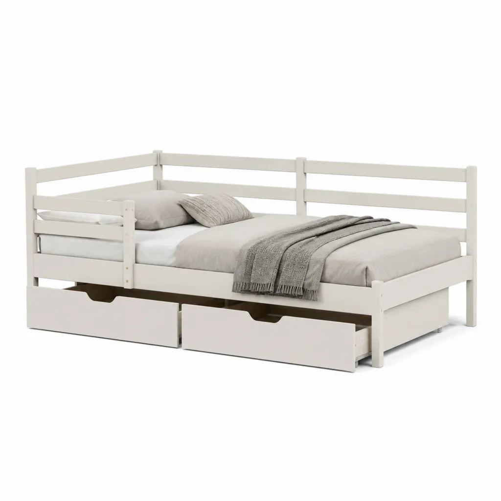 Lit enfant rectangulaire 90 x 200 cm avec barrieres et 2 tiroirs en pin massif blanc