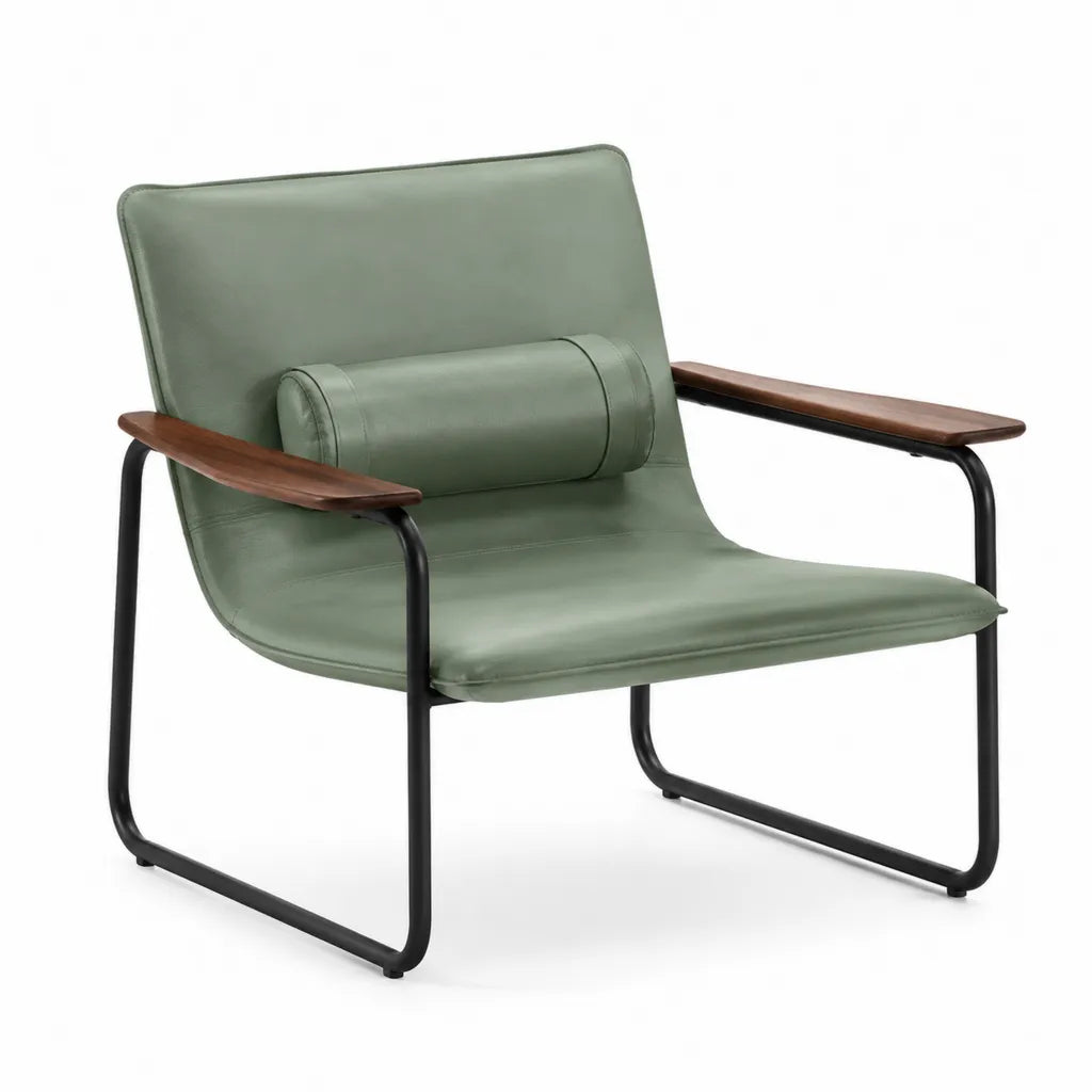 Fauteuil de salon inclinable 68 x 78 x 82 cm en cuir synthetique PU vert sauge avec accoudoirs en contreplaque noyer et structure en acier noir