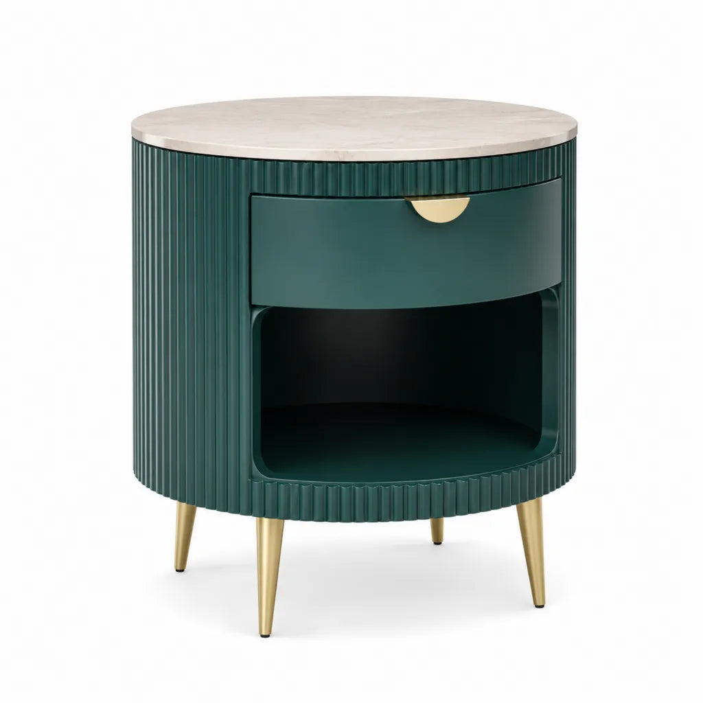 Table de chevet ronde avec tiroir et niche en MDF vert et plateau effet marbre blanc 50 x 60 cm
