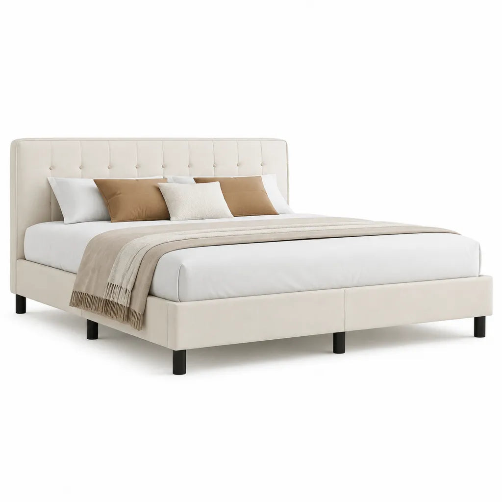 Lit double capitonne 160 x 200 cm en polyester beige avec tete de lit rembourree