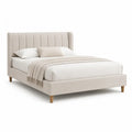 Lit double capitonne 160 x 200 cm en polyester beige avec pieds en hevea